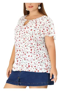 Agnes Orinda Women's Plus Size Chiffon Flared Ruffle Sleeve Keyhole Blouse Floral Top -Agnes Orinda Store Belk 1128