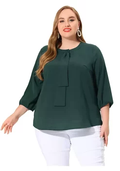 Agnes Orinda Plus Size Chiffon Top for Women Round Neck Tie Front Ruffle Work Blouse Top -Agnes Orinda Store Belk 1139