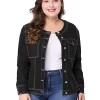 Agnes Orinda Women's Plus Size Long Sleeves Collarless Denim Jackets with Double Chest Pockets -Agnes Orinda Store Belk 1145