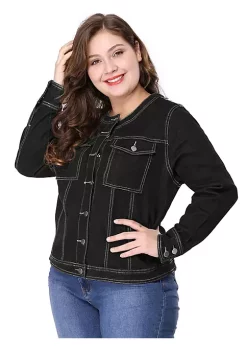 Agnes Orinda Women's Plus Size Long Sleeves Collarless Denim Jackets with Double Chest Pockets -Agnes Orinda Store Belk 1147