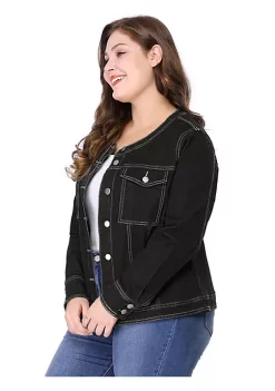 Agnes Orinda Women's Plus Size Long Sleeves Collarless Denim Jackets with Double Chest Pockets -Agnes Orinda Store Belk 1148