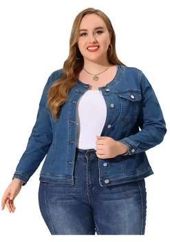 Agnes Orinda Women's Plus Size Long Sleeves Collarless Denim Jackets with Double Chest Pockets -Agnes Orinda Store Belk 1151