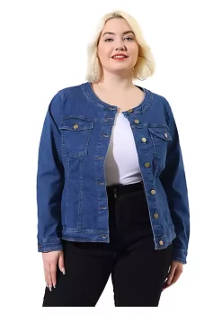 Agnes Orinda Women's Plus Size Long Sleeves Collarless Denim Jackets with Double Chest Pockets -Agnes Orinda Store Belk 1153