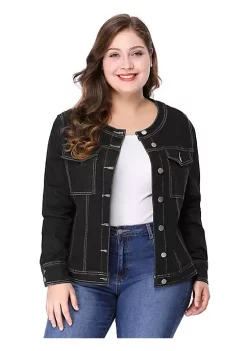 Agnes Orinda Women's Plus Size Long Sleeves Collarless Denim Jackets with Double Chest Pockets -Agnes Orinda Store Belk 1154