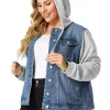 Agnes Orinda Women's Plus Size Layered Drawstring Hood Denim Utility Jacket with Pockets -Agnes Orinda Store Belk 1171