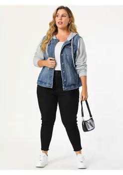 Agnes Orinda Women's Plus Size Layered Drawstring Hood Denim Utility Jacket with Pockets -Agnes Orinda Store Belk 1173
