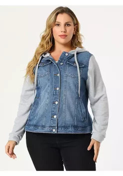 Agnes Orinda Women's Plus Size Layered Drawstring Hood Denim Utility Jacket with Pockets -Agnes Orinda Store Belk 1174