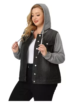 Agnes Orinda Women's Plus Size Layered Drawstring Hood Denim Utility Jacket with Pockets -Agnes Orinda Store Belk 1176