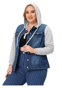 Agnes Orinda Women's Plus Size Layered Drawstring Hood Denim Utility Jacket with Pockets -Agnes Orinda Store Belk 1177