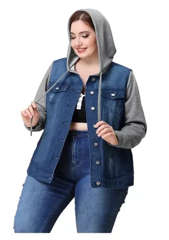 Agnes Orinda Women's Plus Size Layered Drawstring Hood Denim Utility Jacket with Pockets -Agnes Orinda Store Belk 1178