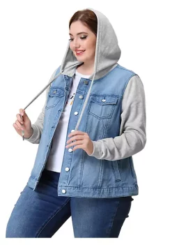 Agnes Orinda Women's Plus Size Layered Drawstring Hood Denim Utility Jacket with Pockets -Agnes Orinda Store Belk 1179