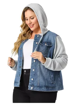 Agnes Orinda Women's Plus Size Layered Drawstring Hood Denim Utility Jacket with Pockets -Agnes Orinda Store Belk 1180