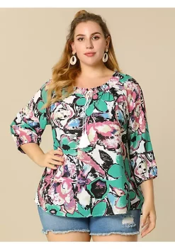 Agnes Orinda Women's Plus Size Self Tie Neck 3/4 Sleeves Floral Colorful Blouse -Agnes Orinda Store Belk 1184