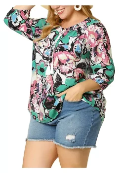 Agnes Orinda Women's Plus Size Self Tie Neck 3/4 Sleeves Floral Colorful Blouse -Agnes Orinda Store Belk 1186