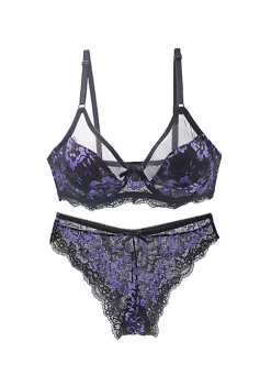 Agnes Orinda Women's Underwire Floral Lace Mesh Push-Up 2-Hooks Lace Trim Bra and Panty Set -Agnes Orinda Store Belk 1189