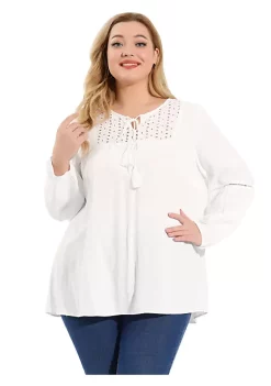 Agnes Orinda Women's Plus Size Casual Boho Tops, Long Sleeve Shirt Crewneck Button Down Lace Crochet Blouses