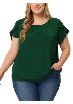 Agnes Orinda Plus Size Tops for Women Work Office Round Neck Pleated Tulip Sleeves Blouse