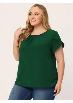 Agnes Orinda Plus Size Tops for Women Work Office Round Neck Pleated Tulip Sleeves Blouse -Agnes Orinda Store Belk 1199