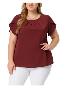 Agnes Orinda Plus Size Tops for Women Work Office Round Neck Pleated Tulip Sleeves Blouse -Agnes Orinda Store Belk 1202
