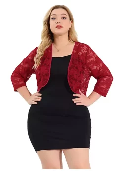 Agnes Orinda Plus Size Tops for Women Elegant 3/4 Sleeve Sheer Floral Lace Shrug Top -Agnes Orinda Store Belk 1206