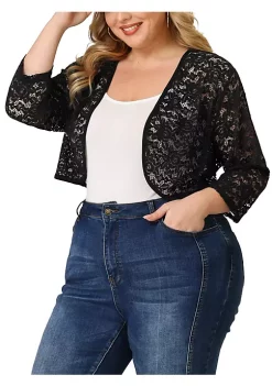 Agnes Orinda Plus Size Tops for Women Elegant 3/4 Sleeve Sheer Floral Lace Shrug Top -Agnes Orinda Store Belk 1209