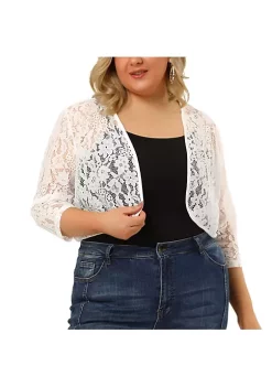 Agnes Orinda Plus Size Tops for Women Elegant 3/4 Sleeve Sheer Floral Lace Shrug Top -Agnes Orinda Store Belk 1213