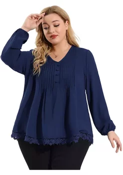 Agnes Orinda Women's Plus Size Spring Babydoll Plain V Neck Long Sleeve Top