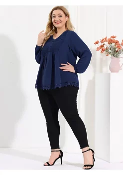 Agnes Orinda Women's Plus Size Spring Babydoll Plain V Neck Long Sleeve Top -Agnes Orinda Store Belk 1243