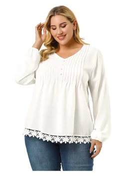 Agnes Orinda Women's Plus Size Spring Babydoll Plain V Neck Long Sleeve Top -Agnes Orinda Store Belk 1246