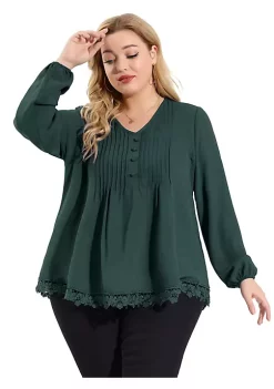 Agnes Orinda Women's Plus Size Spring Babydoll Plain V Neck Long Sleeve Top -Agnes Orinda Store Belk 1247