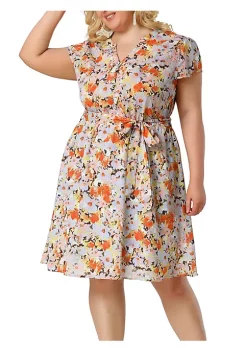 Agnes Orinda Women's Plus Size Tie Waist Bold Prints Floral Short Sleeve Midi Dress
