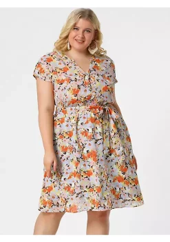 Agnes Orinda Women's Plus Size Tie Waist Bold Prints Floral Short Sleeve Midi Dress -Agnes Orinda Store Belk 1262