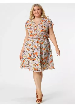 Agnes Orinda Women's Plus Size Tie Waist Bold Prints Floral Short Sleeve Midi Dress -Agnes Orinda Store Belk 1263