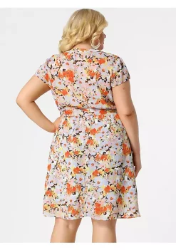 Agnes Orinda Women's Plus Size Tie Waist Bold Prints Floral Short Sleeve Midi Dress -Agnes Orinda Store Belk 1264