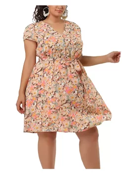 Agnes Orinda Women's Plus Size Tie Waist Bold Prints Floral Short Sleeve Midi Dress -Agnes Orinda Store Belk 1265