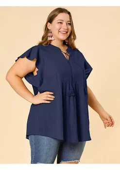 Agnes Orinda Plus Size for Women Summer Blouse, Tassel Self Tie V Neck Short Sleeve Top -Agnes Orinda Store Belk 1272