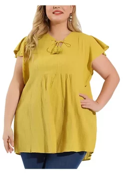 Agnes Orinda Plus Size for Women Summer Blouse, Tassel Self Tie V Neck Short Sleeve Top -Agnes Orinda Store Belk 1274