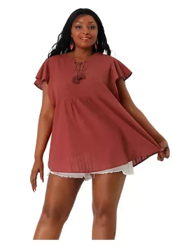 Agnes Orinda Plus Size for Women Summer Blouse, Tassel Self Tie V Neck Short Sleeve Top -Agnes Orinda Store Belk 1275