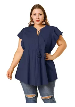 Agnes Orinda Plus Size for Women Summer Blouse, Tassel Self Tie V Neck Short Sleeve Top -Agnes Orinda Store Belk 1276