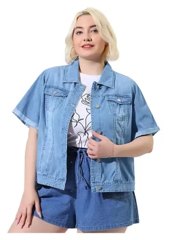 Agnes Orinda Women's Plus Size Denim Jacket Button Front Work Crop Jean Short Sleeves Jackets