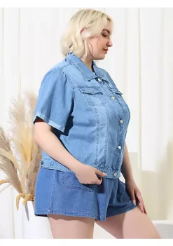 Agnes Orinda Women's Plus Size Denim Jacket Button Front Work Crop Jean Short Sleeves Jackets -Agnes Orinda Store Belk 1296
