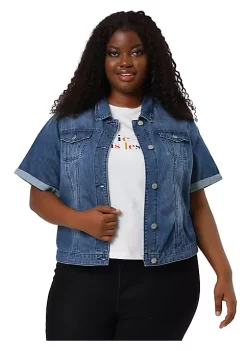Agnes Orinda Women's Plus Size Denim Jacket Button Front Work Crop Jean Short Sleeves Jackets -Agnes Orinda Store Belk 1299