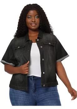 Agnes Orinda Women's Plus Size Denim Jacket Button Front Work Crop Jean Short Sleeves Jackets -Agnes Orinda Store Belk 1301