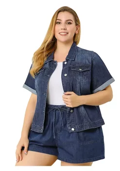 Agnes Orinda Women's Plus Size Denim Jacket Button Front Work Crop Jean Short Sleeves Jackets -Agnes Orinda Store Belk 1303