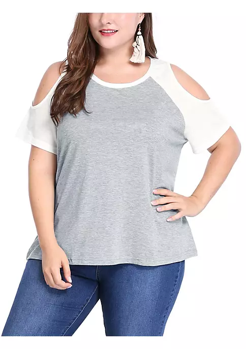 Agnes Orinda Women's Plus Size Cold Shoulder Block Short Sleeves Tops, Contrast Raglan Sleeves Summer T-shirt 4 Agnes Orinda Women's Plus Size Cold Shoulder Block Short Sleeves Tops, Contrast Raglan Sleeves Summer T-shirt - Image 2