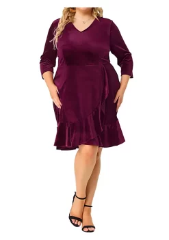 Agnes Orinda Women's Plus Size Wrap Prom Ruffle 3/4 Sleeve Velvet Party Dress