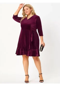 Agnes Orinda Women's Plus Size Wrap Prom Ruffle 3/4 Sleeve Velvet Party Dress -Agnes Orinda Store Belk 1323