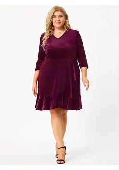 Agnes Orinda Women's Plus Size Wrap Prom Ruffle 3/4 Sleeve Velvet Party Dress -Agnes Orinda Store Belk 1324