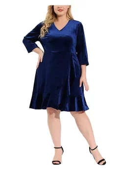 Agnes Orinda Women's Plus Size Wrap Prom Ruffle 3/4 Sleeve Velvet Party Dress -Agnes Orinda Store Belk 1327