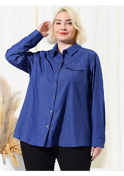 Agnes Orinda Women's Plus Size Denim Blouse, Long Sleeve Chest Pocket Button Down Chambray Shirt 4 Agnes Orinda Women's Plus Size Denim Blouse, Long Sleeve Chest Pocket Button Down Chambray Shirt - Image 2